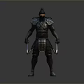 Man In Traditional Ancient Warrior Armor Holding Dual Weapons Standing In Battle Stance