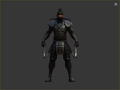 Man In Traditional Ancient Warrior Armor Holding Dual Weapons Standing In Battle Stance 3d model