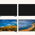 Modern Televisions With Black Screens And Scenic Mountain Beach Views