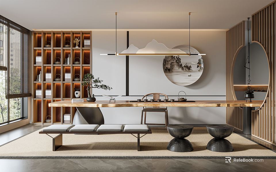 Elegant Chinese Tea Room Interior With Wooden Shelves Tea Table Stone Stools And Decorative Painting 3d model 