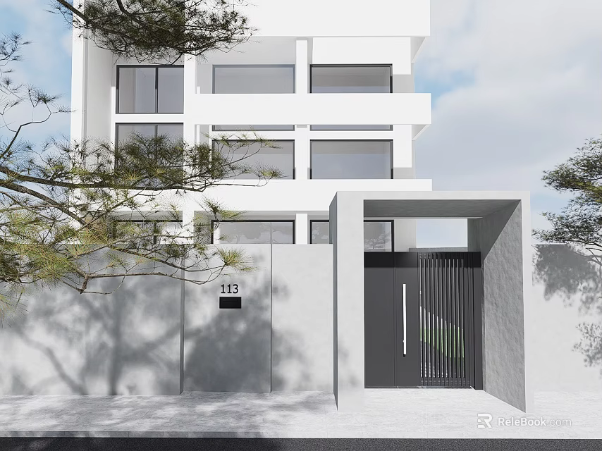 Modern Single Family House With White Exterior Large Windows Gray Wall And Trees 3d model 