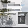 Modern Single Family House With White Exterior Large Windows Gray Wall And Trees
