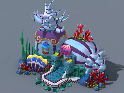 Underwater Decorative Building With Purple White Striped Shell Shape Coral Seagrass And Steps 3d model