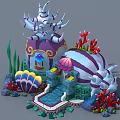 Underwater Decorative Building With Purple White Striped Shell Shape Coral Seagrass And Steps