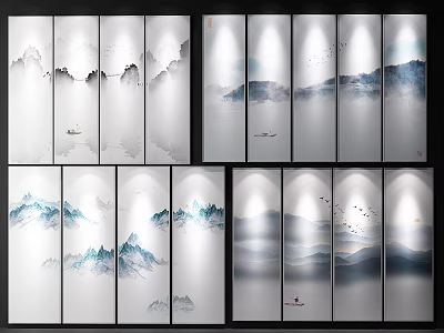 Traditional Chinese Landscape Paintings On Multiple Panels With Ink Wash Mountains Water And Birds 3d model