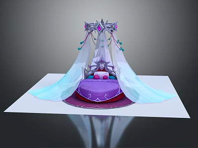 Enchanting Purple Double Bed With Canopy Curtains Decorative Crown And Shimmering Crystals 3d model