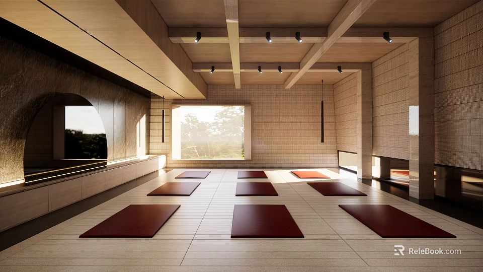 Spacious Yoga Fitness Studio With Red Mats Natural Light And Wooden Ceiling 3d model 
