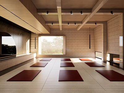 Spacious Yoga Fitness Studio With Red Mats Natural Light And Wooden Ceiling 3d model