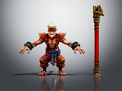 Muscular White Haired Creature Warrior With Red Gold Ornate Armor And Red Pillar 3d model