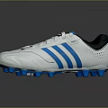 White Perforated Soccer Shoes with Blue Stripes Black Heel and Blue Cleats Athletic Design