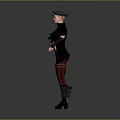 3D Female Character Wearing Beret Black Coat Red Crop Top Plaid Pants Black Boots Gloves