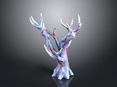 Decorative Plant Sculpture with Blue Red Textured Branches on Black Background 3d model