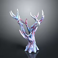 Decorative Plant Sculpture with Blue Red Textured Branches on Black Background