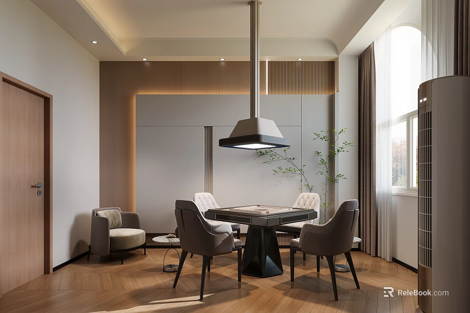Elegant Clubhouse Dining Space With Round Table Chairs Pendant Light And Wooden Wall Panels 3d model 