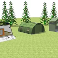Various Tents Set Up on Green Grass Surrounded by Pine Trees