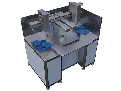 Automated Industrial Equipment With Transparent Shield Circular Worktable Robotic Arm And Blue Components 3d model