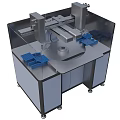 Automated Industrial Equipment With Transparent Shield Circular Worktable Robotic Arm And Blue Components