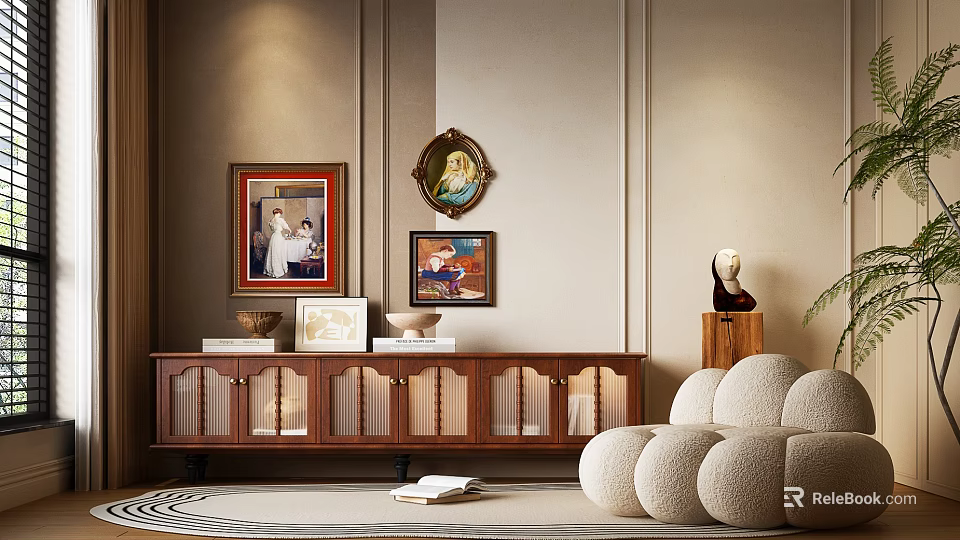 Walnut TV Stand With Glass Doors Decorative Paintings Photo Frames Round Cushions And Carpet 3d model 