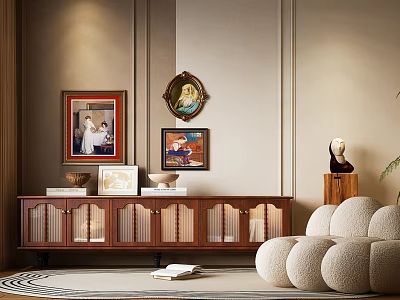 Walnut TV Stand With Glass Doors Decorative Paintings Photo Frames Round Cushions And Carpet 3d model