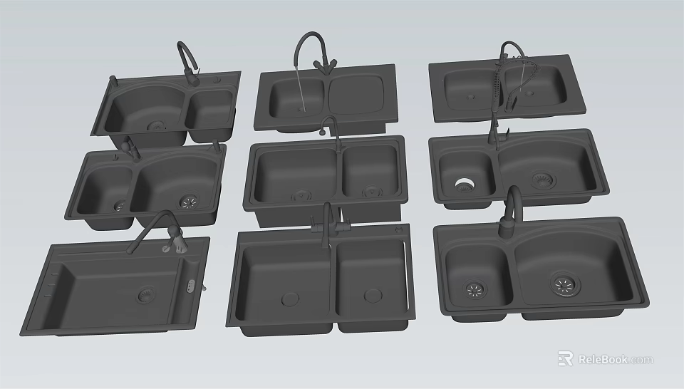 Various Styles Of Modern Black Kitchen Sinks With Double And Single Bowls 3d model 
