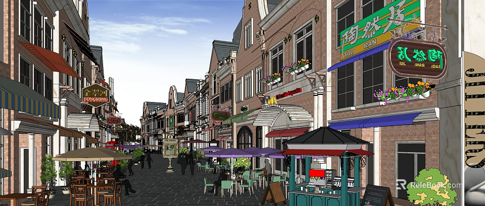 Vibrant European Commercial Street With Shops Outdoor Seats Umbrellas And Pedestrians 3d model 