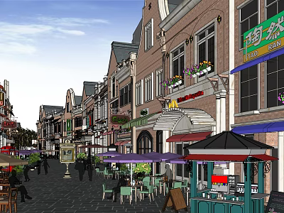Vibrant European Commercial Street With Shops Outdoor Seats Umbrellas And Pedestrians 3d model