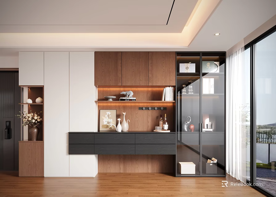 Modern Interior Design Decorative Cabinet With Wooden White Panels Glass Shelves And Ornaments 3d model 