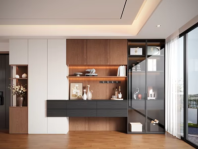 Modern Interior Design Decorative Cabinet With Wooden White Panels Glass Shelves And Ornaments 3d model