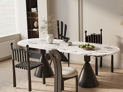 Modern Minimalist Dining Table Set With Marble Tabletop Black Wicker Chairs And Decorative Vase 3d model