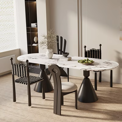 Modern Minimalist Dining Table Set With Marble Tabletop Black Wicker Chairs And Decorative Vase 3d model