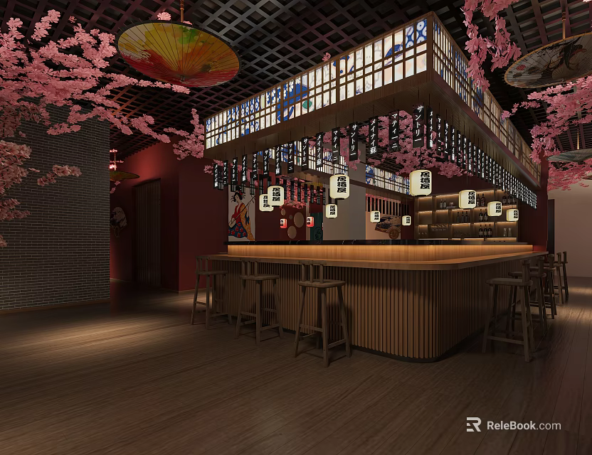 Traditional Japanese Restaurant Interior With Cherry Blossom Decor Hanging Lanterns Wooden Bar Counter And Lattice Ceiling 3d model 