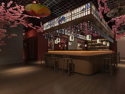 Traditional Japanese Restaurant Interior With Cherry Blossom Decor Hanging Lanterns Wooden Bar Counter And Lattice Ceiling 3d model