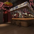 Traditional Japanese Restaurant Interior With Cherry Blossom Decor Hanging Lanterns Wooden Bar Counter And Lattice Ceiling