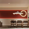 Anning Xuan Traditional Chinese Tea Room With Circular Window Wooden Tables And Hanging Lamps