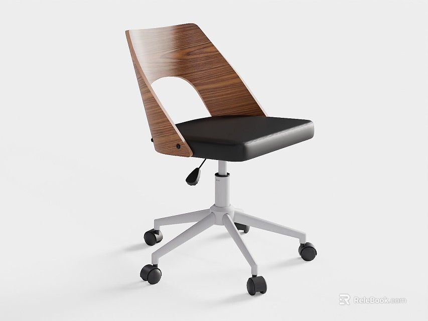 Modern Office Chair With Wooden Backrest And Black Padded Seat 3d model 
