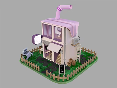Cartoon Scene Featuring Cute House With Pink Roof Chimney Wooden Fence Steps And Small Signboard 3d model