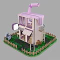 Cartoon Scene Featuring Cute House With Pink Roof Chimney Wooden Fence Steps And Small Signboard