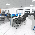 Modern Public Office Space with Circular Workstations Office Chairs and Large Windows 3d model