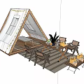 Outdoor Camping Table And Chair Set With Gray Triangular Tent And Decorative Plants