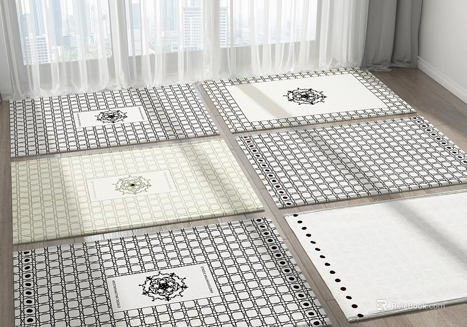 Stylish Square Rugs With Geometric Grid Patterns And Decorative Center Motifs In Neutral Tones 3d model 