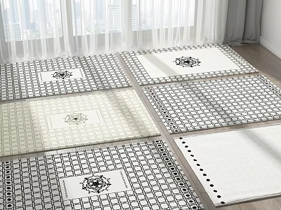 Stylish Square Rugs With Geometric Grid Patterns And Decorative Center Motifs In Neutral Tones 3d model