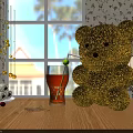 Brown Teddy Bear on Wooden Table with Iced Tea Rolled Pastries and Window View