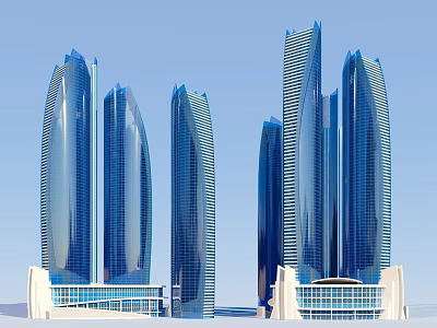 Modern Architectural Skyscrapers With Blue Glass Curtain Walls And White Base Design 3d model