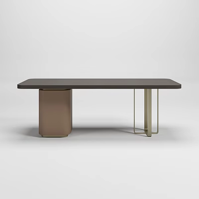 Modern Desk With Dark Desktop Brown Cylindrical Base And Gold Metal Legs 3d model