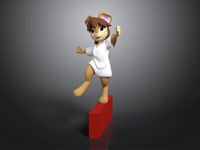 3D Cartoon Mouse Character In White Outfit Standing On Red Block Raising Hand 3d model
