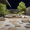 Nighttime Modern Courtyard Garden With Stepping Stones Green Trees And Round Lighting Seating Area