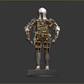 Intricate Humanoid Sculpture with Gold and Silver Metallic Armor Design on White Pedestal Base