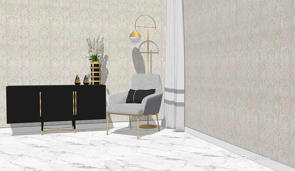 Gray Accent Chair With Black Striped Cushion Gold Legs Near Black Cabinet And Floor Lamp 3d model 