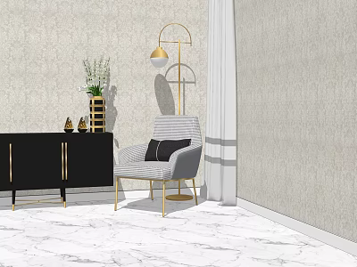 Gray Accent Chair With Black Striped Cushion Gold Legs Near Black Cabinet And Floor Lamp 3d model