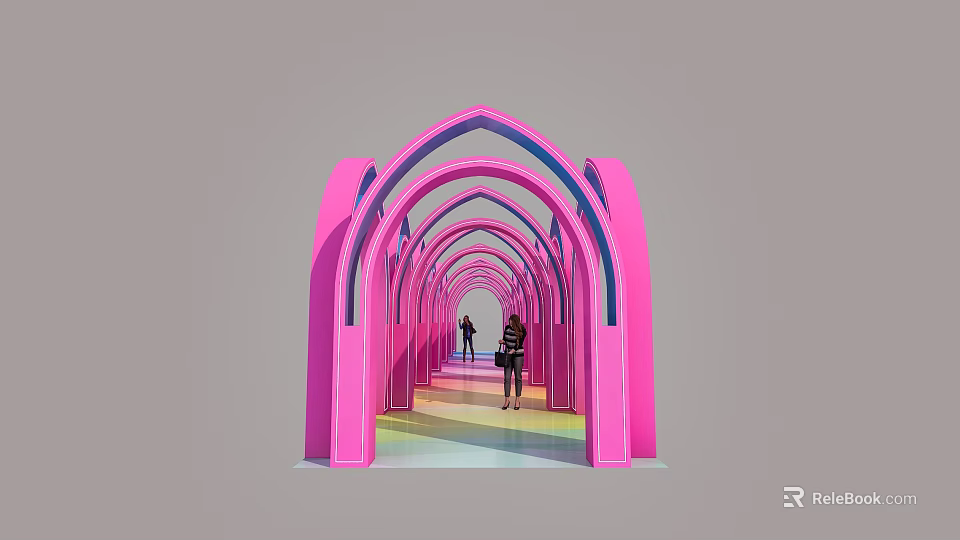 Pink Arched Event Passage With Series Of Arches And Colorful Light Reflections 3d model 